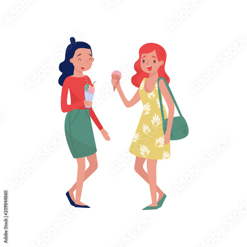 Young girls standing with ice-cream in hands and laughing. Tasty summer dessert. Street fast food. Flat vector design