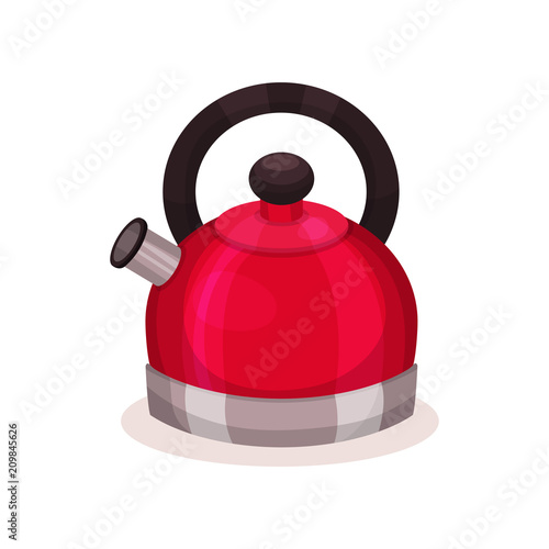 Icon of steel bright red kettle with brown handle. Kitchen utensil. Flat vector element for banner or poster of household store