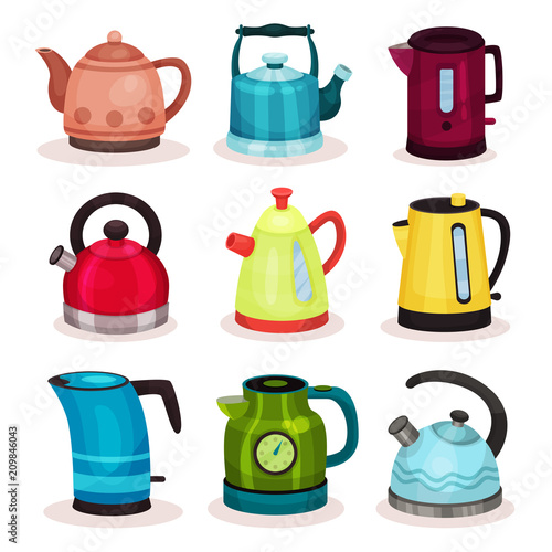 Flat vector set of tea kettles. Kitchen utensils. Home appliance for boiling water. Elements for advertising of household goods store