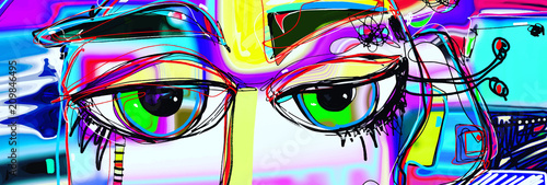 digital abstract art poster with doodle human eyes
