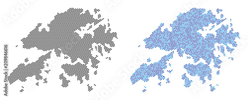 Dot Hong Kong map variants. Vector territory plans in black color and blue color tinges. Abstract mosaic of Hong Kong map designed from spheric pixel array.