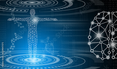 abstract background technology concept in blue light,brain and human body heal ,technology modern medical science in future and global international medical with tests analysis clone DNA human