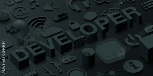 Black 3d developer background with web symbols.