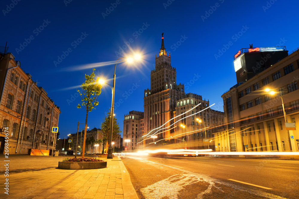 Obraz premium Sunset over famous landmarks - Red Gates Administrative Building - Stalin skyscraper of Seven Sisters in Moscow