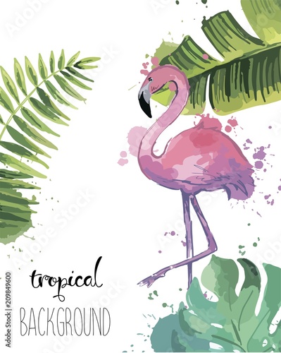 Tropical leaves and flamingo summer banner. Graphic background.