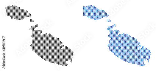 Round point Malta Island map version. Vector geographic plans in black color and blue color hues. Abstract mosaic of Malta Island map composed with small circle point matrix.
