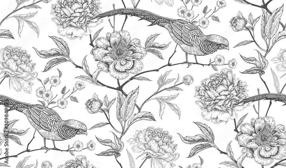 Naklejka premium Wzór z egzotycznych ptaków bażanty i kwiaty piwonii.