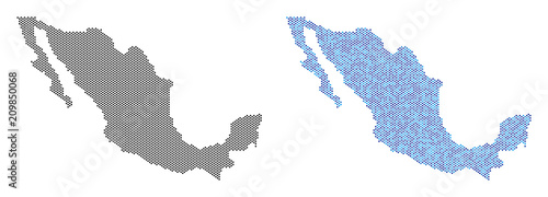 Dot Mexico map version. Vector territorial schemes in black color and blue color shades. Abstract mosaic of Mexico map composed with small circle item array.