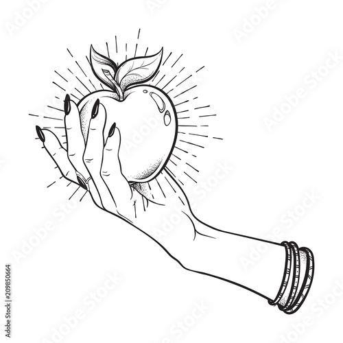 Apple in female hand isolated hand drawn line art and dot work vector illustration. Boho sticker, print or blackwork flash tattoo design.