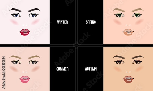 Face makeup set. Seasonal color types for women skin beauty set: Summer, Autumn, Winter, Spring. Young female faces, make up shades matching each type. Vector illustration.