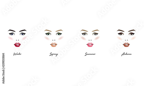 Face makeup set. Seasonal color types for women skin beauty set: Summer, Autumn, Winter, Spring. Young female faces, make up shades matching each type. Vector illustration.