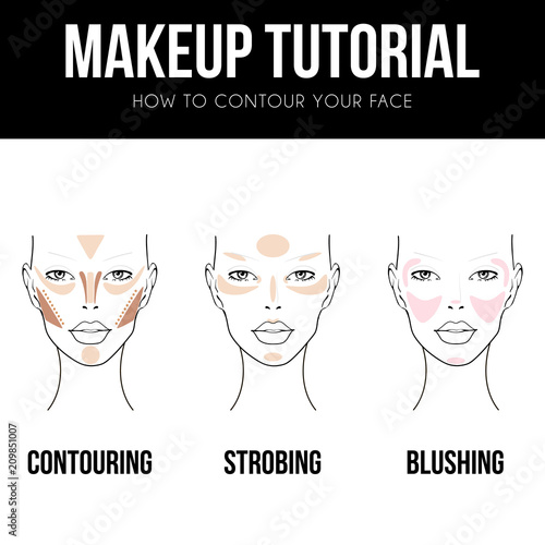 Contouring guide tutorial. Makeup Template of female face chart. Vector illustration of pretty young woman. Strobing, blushing and Contouring technique. Professional make up chart.