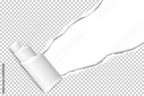 Diagonally snatched middle of transparent paper from upper right corner to lower left with paper curl. Vector template paper design.