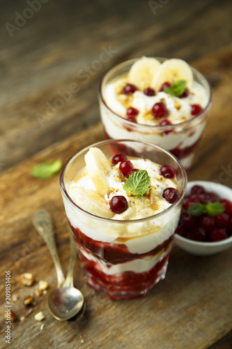 Homemade berry and banana trifle dessert