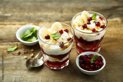 Homemade berry and banana trifle dessert