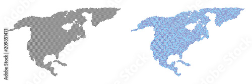 Dotted North America map version. Vector territorial plans in black color and cold blue color hues. Abstract composition of North America map constructed with small circle dot pattern.