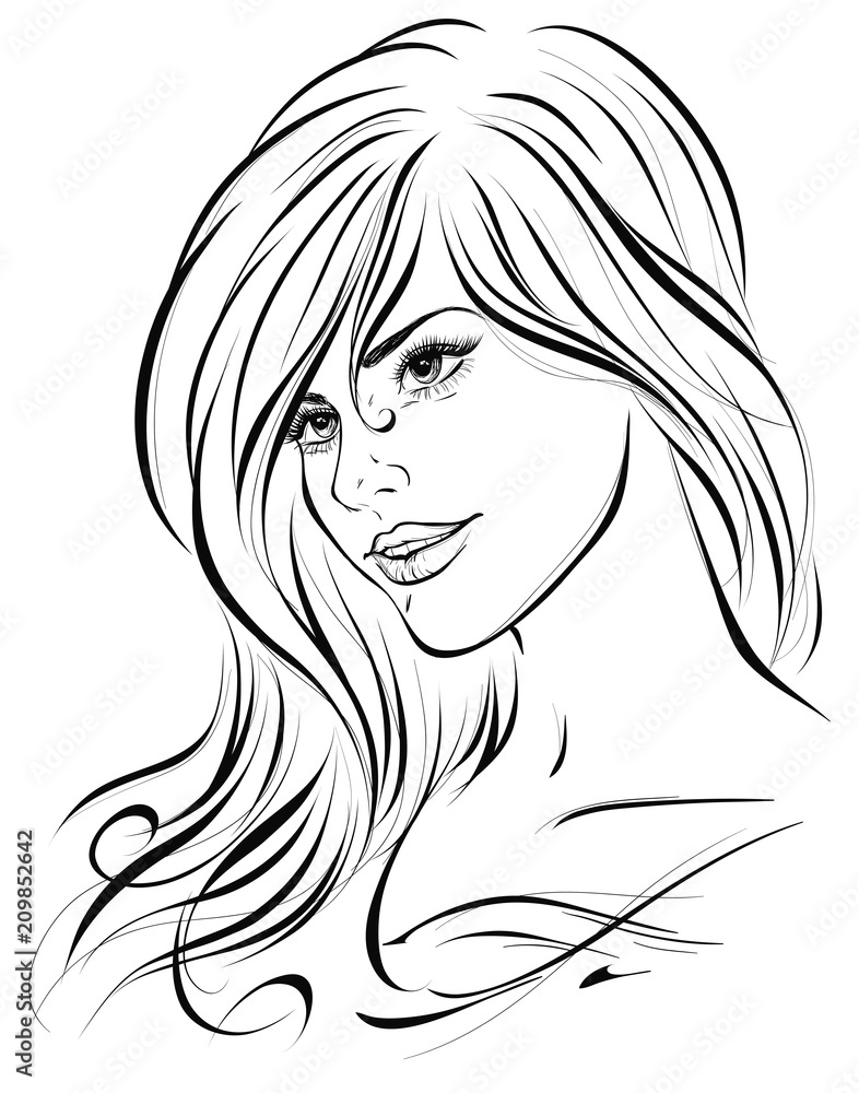Original graphic portrait of a young smiling girl with long hair. Vector illustration Original graphic portrait of a young smiling girl with long hair. Vector illustration