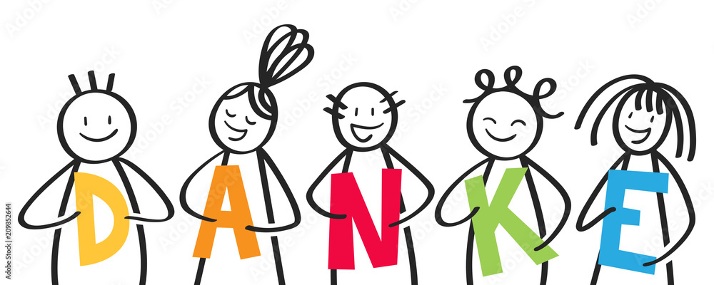 Gruppe freundlicher Strichfiguren, die Buchstaben halten, DANKE, Danksagung Gruppe freundlicher Strichfiguren, die Buchstaben halten, DANKE, Danksagung