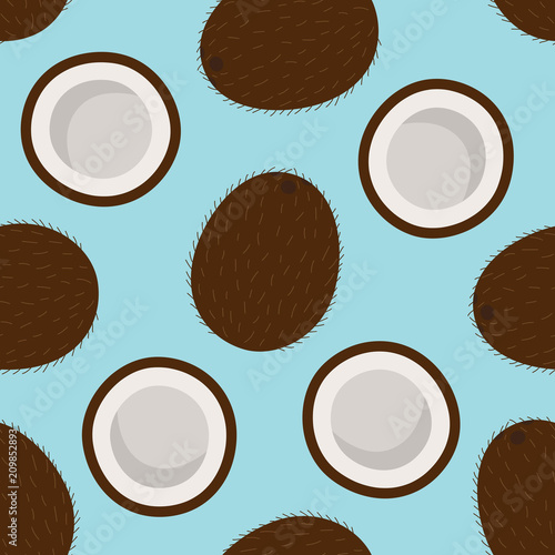 sweet whole coconut and cut coconut tropical summer exotic fruit brown white pattern on a blue background seamless vector