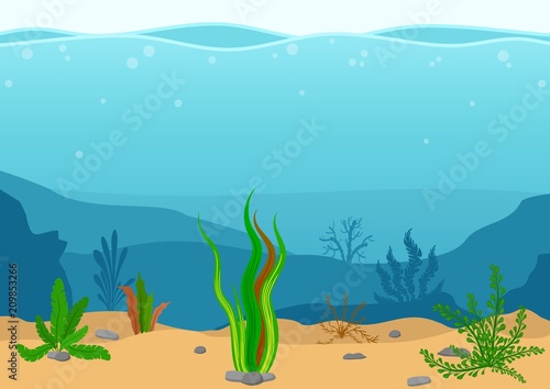 Underwater landscape with seaweeds. Seascape with reef. Marine sea bottom silhouette with seaweed. Nature Scene in flat cartoon style. Vector illustration
