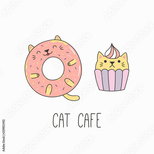 Hand drawn vector illustration of a kawaii funny cupcake and donut with cat ears. Isolated objects on white background. Line drawing. Design concept for cat cafe menu, children print.