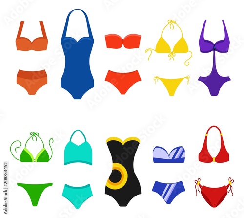 Set of women swimsuit isolated on white background. Bikini bathing suits for swimming. Fashion bikini, tankini and monokini collection. Vector illustratiom