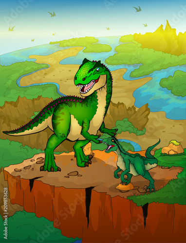 Allosaurus and raptor with landscape background. Vector illustration.