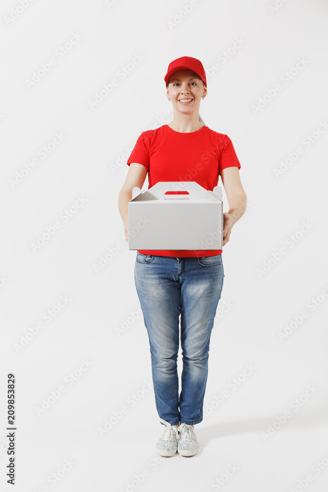 Full length of woman in red cap, t-shirt giving food order cake box isolated on white background. Female courier holding dessert in unmarked cardboard box. Delivery service concept. Receiving package. Full length of woman in red cap, t-shirt giving food order cake box isolated on white background. Female courier holding dessert in unmarked cardboard box. Delivery service concept. Receiving package.