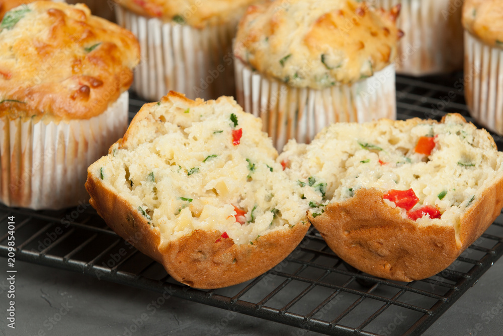 Home Baked Cheese And Vegetables Muffins With Pepper, Spinach, Sweetcorn, Mature Gouda.