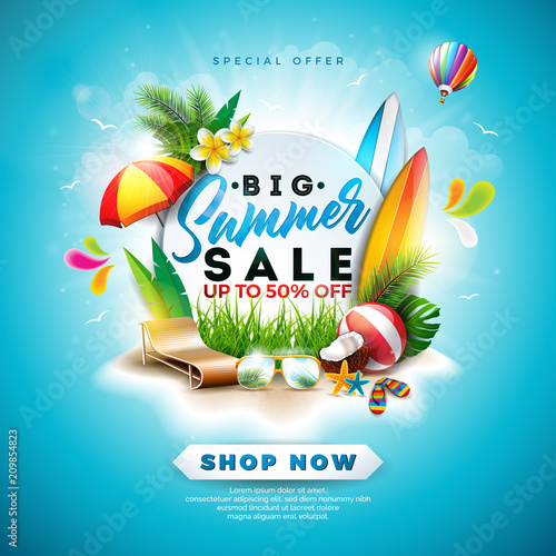 Summer Sale Design with Flower, Beach Holiday Elements and Exotic Leaves on Blue Background. Tropical Floral Vector Illustration with Special Offer Typography for Coupon, Voucher, Banner, Flyer