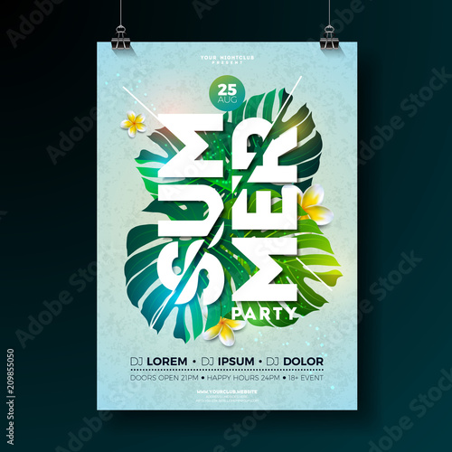 Vector Summer Beach Party Flyer Design with flower and tropical plants on blue background. Summer nature floral elements and typographic letter. Design template for banner, flyer, invitation, poster.