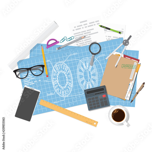 Architect planning or blueprints of mechanical unit. Top view with items and tools. Flat style vector. Engineer project. Plan on paper to build. Web banner for construction or new project and draft.