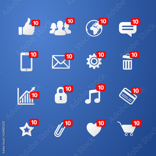 Vector illustration facebook concept thumbs up like social network icon with new appreciation number symbol and different online web icons