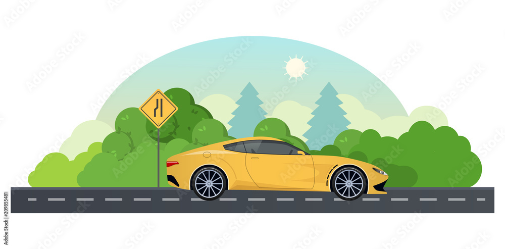 Travel by car. Trip on sports car on country road.
