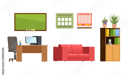 Interior school cabinet room with furniture, school green wooden board.