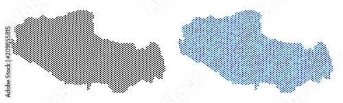 Round point Tibet Chinese territory map variants. Vector territory plans in black color and cold blue color variations.