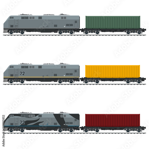 Three Types of Freight Train, Locomotive with Cargo Container on Railroad Platform , Railway and Container Transport, Vector Illustration