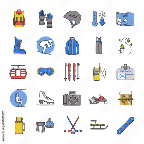 Winter activities color icons set