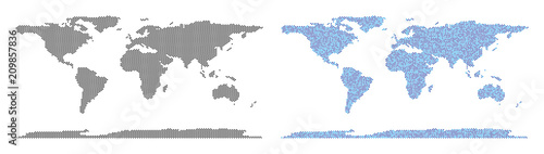 Circle dot world continent map variants. Vector geographic plans in black color and cold blue color tints. Abstract mosaic of world continent map done with small circle element matrix.