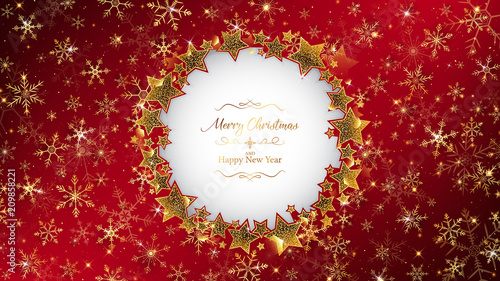 red christmas background frame rounding by star glitters,inside circle has die cut and some example luxury theme text,all of background full of snowflake and glitter are sparkling