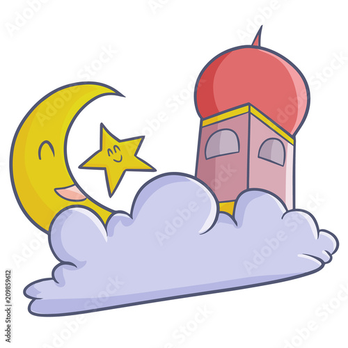 Cute and funny moon, star, and Mosque on the cloud smiling welcoming Ramadan and Eid al-fitri - vector.