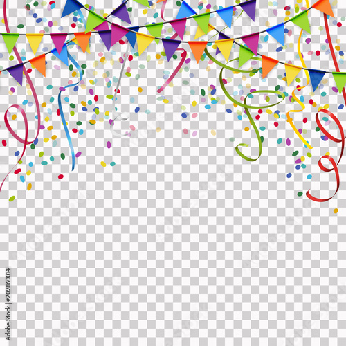 garlands, streamers and confetti background with vector transparency