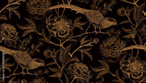 Seamless pattern with exotic bird pheasants and peony flowers.