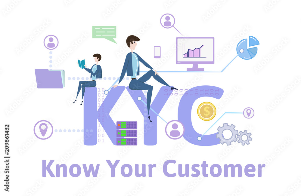 KYC, Know Your Customer. Concept with keywords, letters and icons. Colored flat vector illustration on white background.