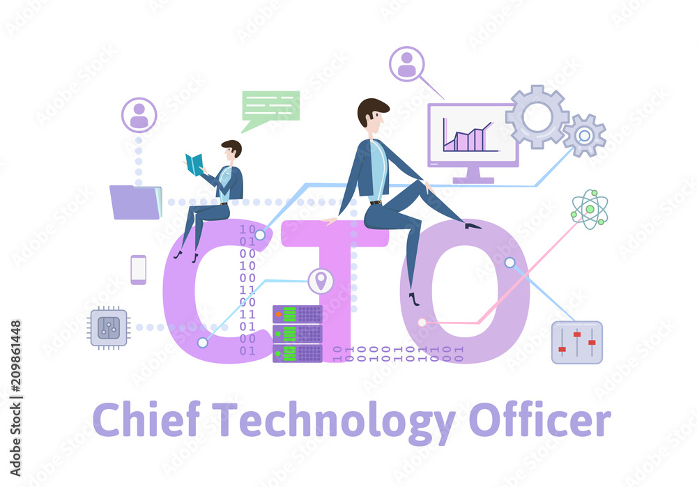 CTO, Chief Technology Officer.Concept with keywords, letters and icons. Colored flat vector illustration on white background.