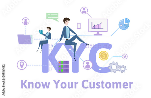 KYC, Know Your Customer. Concept with keywords, letters and icons. Colored flat vector illustration on white background.