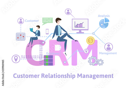 CRM, customer relationship management. Concept with keywords, letters and icons. Colored flat vector illustration on white background.