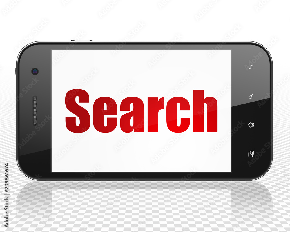 Web development concept: Smartphone with red text Search on display, 3D rendering Web development concept: Smartphone with red text Search on display, 3D rendering
