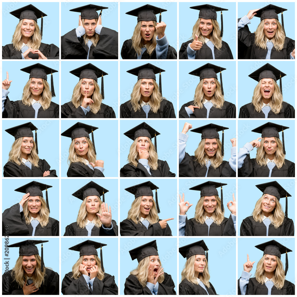 Fototapeta premium Young beautiful woman wearing graduation cap very happy doing gesture with face and hands. Composition.