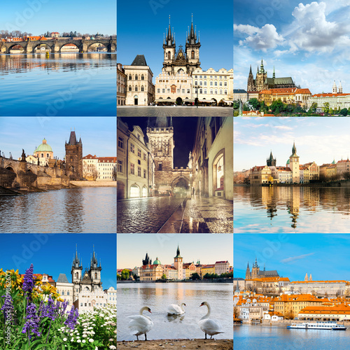 Cityscapes of Prague, including Charles Bridge, St. Vitus Cathedral, streets and riverside